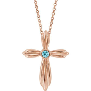 14K Rose Natural Blue Zircon Cross 16-18" Necklace