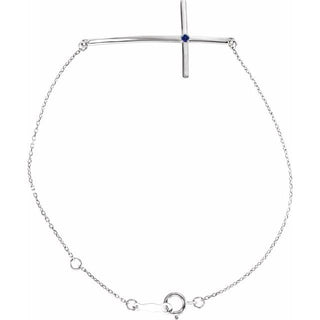 14K White Natural Blue Sapphire Sideways Cross 7-8" Bracelet