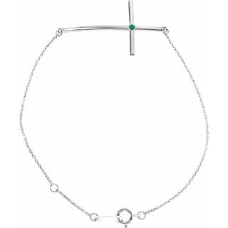 Sterling Silver Imitation Emerald Sideways Cross 7-8" Bracelet