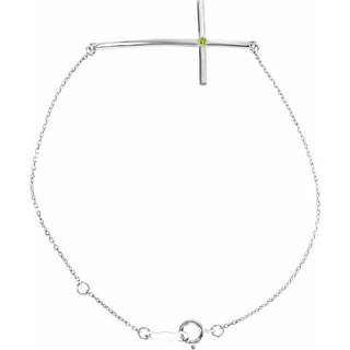 14K White Natural Peridot Sideways Cross 7-8" Bracelet