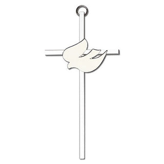 6 inch Polished Silver Finish White Enamel Holy Spirit on a Polished Silver Finish Cross