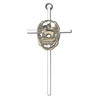 6 inch Antique Gold Lamb of God on a Polished Silver Finish Cross