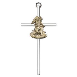 6 inch Antique Gold Guardian Angel on a Polished Silver Finish Cross