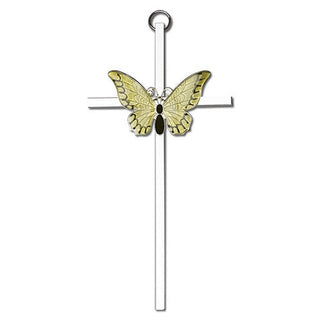 6 inch Antique Gold Yellow Epoxy Resurrection on a Polished Silver Finish Cross