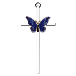 6 inch Antique Gold Blue Epoxy Resurrection on a Polished Silver Finish Cross