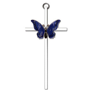 6 inch Polished Silver Finish Blue Epoxy Resurrection on a Polished Silver Finish Cross