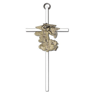 6 inch Antique Gold Saint Michael on a Polished Silver Finish Cross