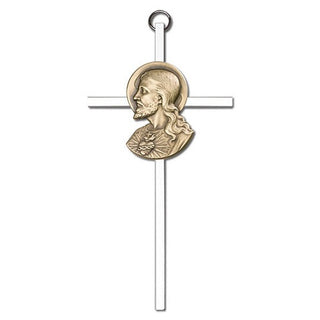 6 inch Antique Gold Sacred Heart on a Polished Silver Finish Cross