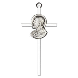 6 inch Antique Silver Sacred Heart on a Polished Silver Finish Cross