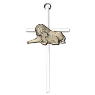 6 inch Antique Gold Lion & Lamb on a Polished Silver Finish Cross