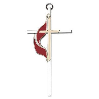 6 inch Polished Brass Enameled Methodist on a Polished Silver Finish Cross