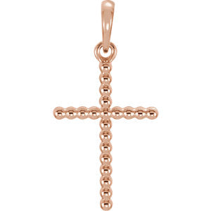 14K Rose 17.5x12.1 MM Beaded Cross Pendant