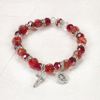 Red Crystal Stretch Bracelet with Pink Rose Painted Beads