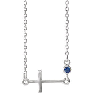 14K White Blue Sapphire Sideways Accented Cross 16-18" Necklace