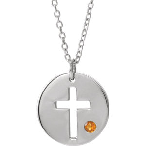 Sterling Silver Imitation Citrine Pierced Cross Disc 16-18" Necklace