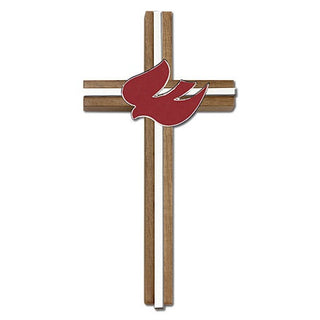 6 inch Red Enameled Holy Spirit Cross, Walnut with Antique Gold inlay