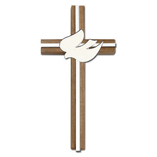 6 inch White Enameled Holy Spirit Cross, Walnut with Antique Gold inlay