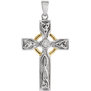 Sterling Silver/10K Yellow .01 CT Diamond Cross Pendant with Rhodium Plating