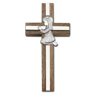 4 inch Praying Girl Cross, Walnut with Antique Silver inlay