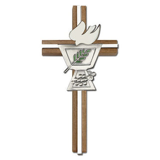 6 inch Enameled Confirmation Chalice Cross, Walnut with Antique Silver inlay