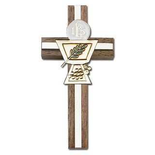 4 inch Enameled Communion Chalice Cross, Walnut with Antique Gold inlay