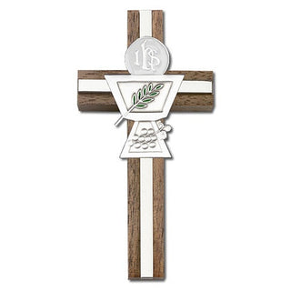 4 inch Enameled Communion Chalice Cross, Walnut with Antique Silver inlay