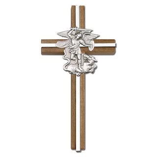 6 inch Saint Michael Cross, Walnut with Antique Silver inlay