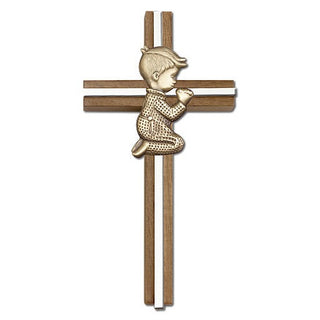 6 inch Praying Boy Cross, Walnut with Antique Gold inlay