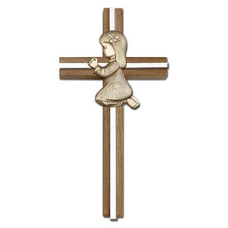 6 inch Praying Girl Cross, Walnut with Antique Gold inlay