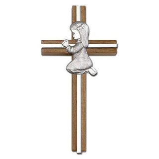 6 inch Praying Girl Cross, Walnut with Antique Silver inlay