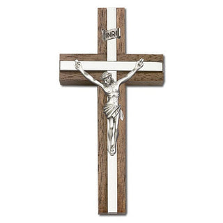 4 inch Antique Silver Crucifix, Walnut with Polished Silver Finish inlay