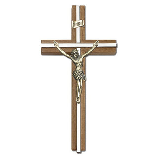 6 inch Antique Gold Crucifix, Walnut with Polished Silver Finish inlay