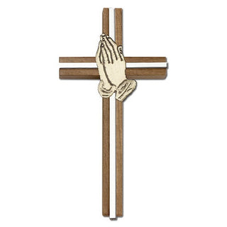 6 inch Praying Hands Cross, Walnut with Antique Gold inlay