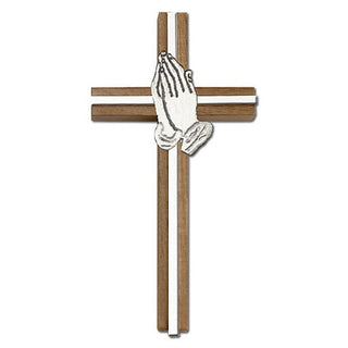 6 inch Praying Hands Cross, Walnut with Antique Silver inlay
