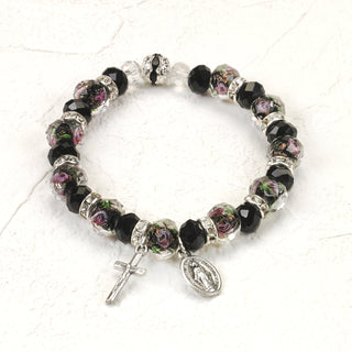 Black Crystal Stretch Bracelet with Pink Rose Painted Beads