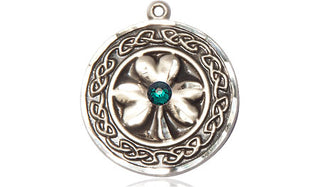 Sterling Silver Shamrock w/Celtic Border & Emerald Stone Pendant with 3mm Emerald Swarovski stone Necklace