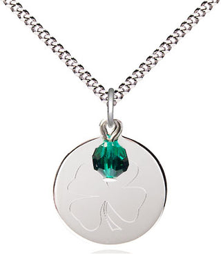 Sterling Silver Shamrock Medal with Emerald bead Religious Jewelry