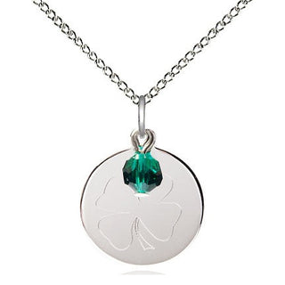 Sterling Silver Shamrock Medal with Emerald bead Religious Jewelry