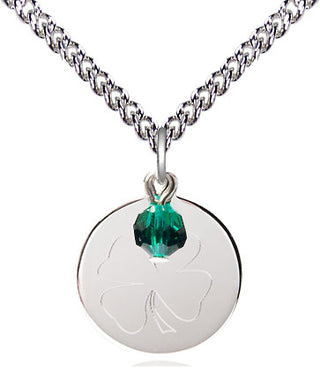 Sterling Silver Shamrock Medal with Emerald bead Religious Jewelry