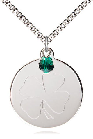 Sterling Silver Shamrock Medal with Emerald bead Religious Jewelry