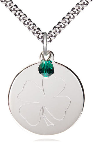 Sterling Silver Shamrock Medal with Emerald bead Religious Jewelry