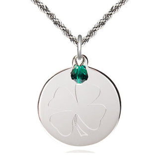 Sterling Silver Shamrock Medal with Emerald bead Religious Jewelry