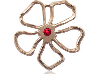 14kt Gold Filled Five Petal Flower Pendant with a 3mm Ruby Swarovski stone on an 18-inch Gold Filled Light Curb Chain