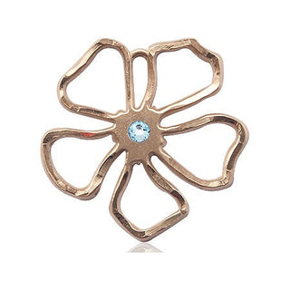 14kt Gold Five Petal Flower Medal with a 3mm Aqua Swarovski stone