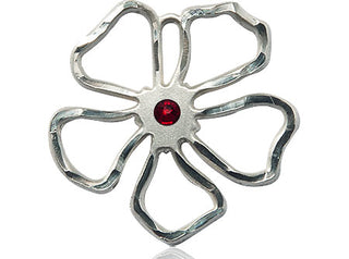 Sterling Silver Five Petal Flower Pendant with a 3mm Garnet Swarovski stone on an 18-inch Sterling Silver Light Curb Chain
