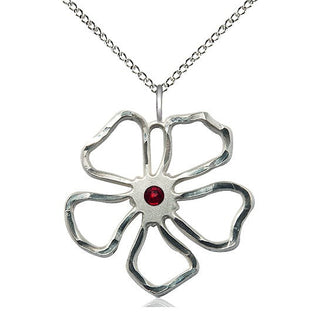 Sterling Silver Five Petal Flower Pendant with 3mm Garnet Swarovski stone Necklace