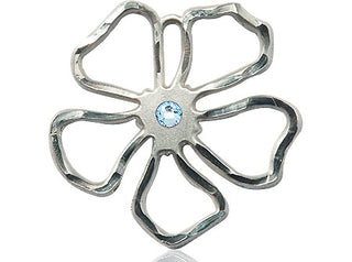 Sterling Silver Five Petal Flower Pendant with a 3mm Aqua Swarovski stone on an 18-inch Sterling Silver Light Curb Chain