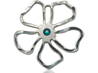 Sterling Silver Five Petal Flower Pendant with a 3mm Emerald Swarovski stone on an 18-inch Sterling Silver Light Curb Chain