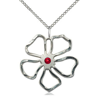 Sterling Silver Five Petal Flower Pendant with 3mm Ruby Swarovski stone Necklace