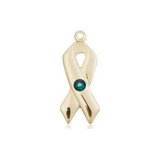 14kt Gold Filled Cancer Awareness Pendant with a 3mm Emerald Swarovski stone on an 18-inch Gold Filled Light Curb Chain